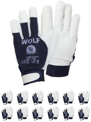 TK Gloves WOLF Montage-Handschuhe aus Leder/Größe 07, 12 Paar/Handschuhe Arbeitshandschuhe/ungefütterter/vollnarbiges Ziegenleder und Baumwollstrick/Lederhandschuhe