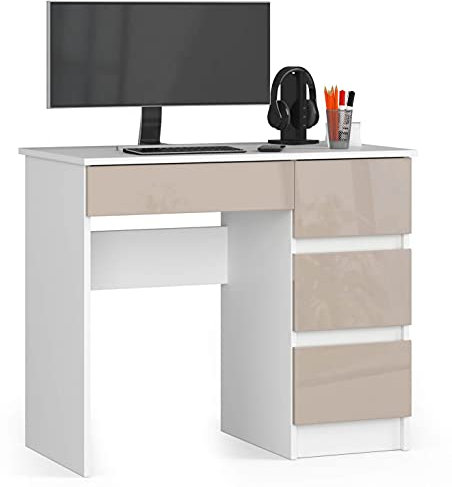 AKORD | Computertisch | Schreibtisch 4 Schubladen | Komfort | Hohe Qualität | Solide | Für Zuhause | Für das Büro | Ergonomie | Für die Arbeit | B90 x H77 x T50 cm | Weiß & Cappuccino-Glanz Front