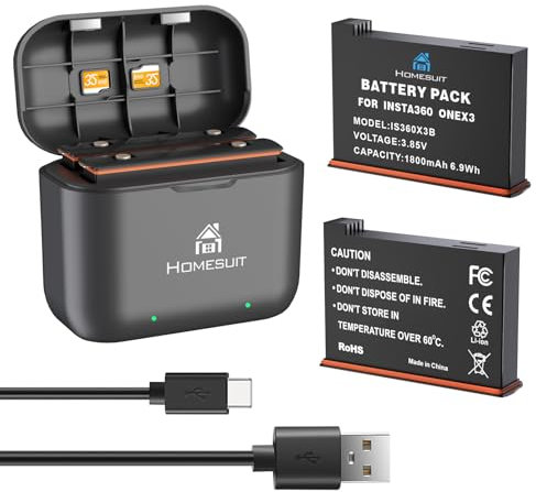 Homesuit 360 X3 Akku 1800mAh und USB LED Ladegerät Bausatz mit Speicherkartensteckplatz Kompatibel mit Insta360 X3 Kamera Bis zu 80min Zusätzliche Aufnahmezeit (2er-Pack)