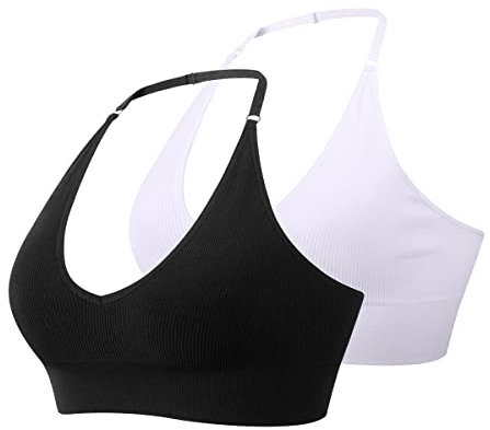 MsAnya Damen Neckholder-BH Top Yoga Bralette Crop Tanks Workout Sport BHs V-Ausschnitt mit verstellbarem Riemen nahtlos gepolstert, Bk+Wht, Medium