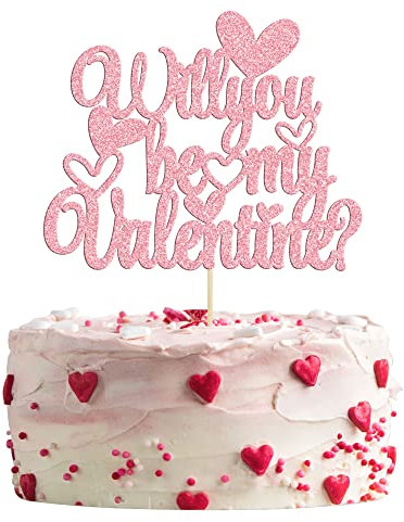 Gyufise 1Pc Will You Be My Valentine Cake Topper Pink Glitter Sweet Love Valentine's Day Cake Picks Happy Valentine's Day Wedding Bridal Shower Birthday Party Cake Decorations