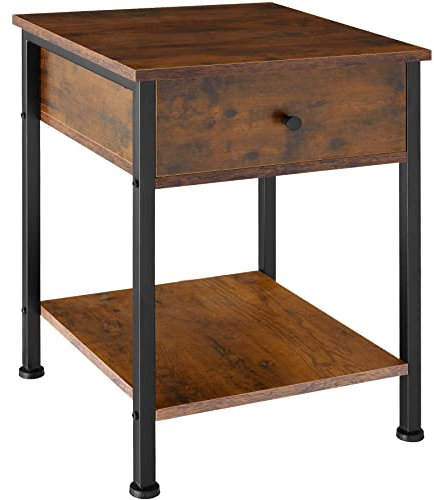 tectake Nachttisch mit Schublade und 2 Ablagen, 40 x 40 x 55,5 cm, Couchtisch im Industrie-Design, Beistelltisch mit 2 Ebenen aus Holz, schwarzes Metallgestell (Industrial Dunkelbraun)