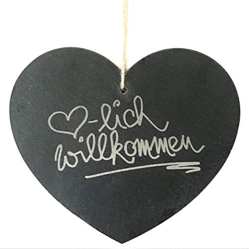 Schiefer-Herz Hänger Herzlich Willkommen 20x17cm. Kanten GESCHNITTEN. Herz Gravur Steinherz Naturschiefer Türhänger Gastgeschenk