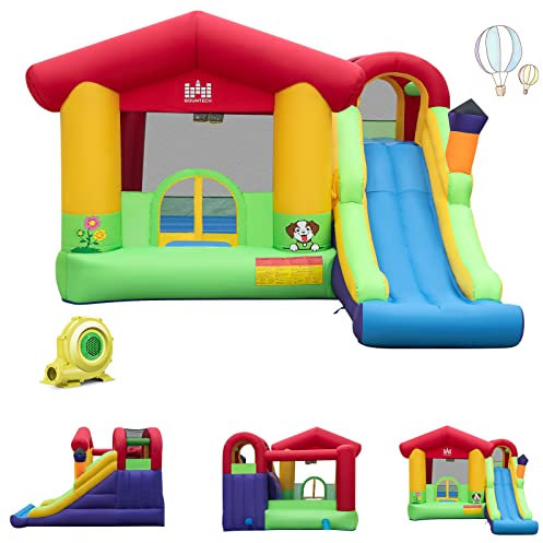 COSTWAY Castello Gonfiabile per Bambini, Casa Gonfiabile con Scivolo, Trampolino e Canestro da Basket, 50 Palline Colorate e Soffiatore, Con Borsa di Trasporto e Kit di Riparazione, 325 x 290 x 205 cm