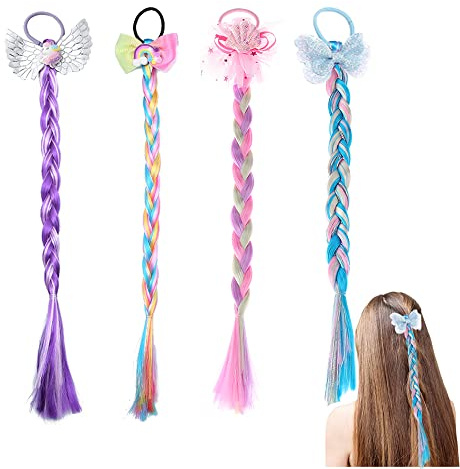 Bunte Haarteile 6 Stücke Mädchen Haarverlängerungen Zubehör Farbverlauf Geflochtene Haare Bunte Perücken Pferdeschwanz Haar für Kinder Mädchen Kinder Regenbogen geflochtene Haarsträhnen für Party