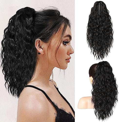 PORSMEER Pferdeschwanz Haarteil Ponytail Extensions Schwarz mit klammer 45cm Lange Gewellte Lockige Haarverlängerung Zopf Clip in Klaue Natürlich Kunsthaar Haarteil für Frauen,18zoll