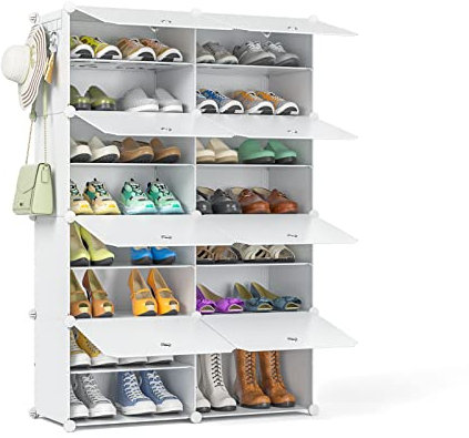 FUNLAX Schuhregal, 8-stufiger Schuhschrank Schuhaufbewahrung für 32 Paar Schuhe, Kunststoff-Schuhregale mit Tür, Schuh Organizer für Flur Schlafzimmer Eingangsbereich, Weiß