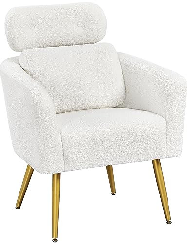 Yaheetech Poltrona in Tessuto Bouclé Poltrocina Relax con Schienale Braccioli Sedia da Salotto Imbottita con Gambe in Metallo per Ufficio Camera da Letto Soggiorno Bianco/1 Pezzo