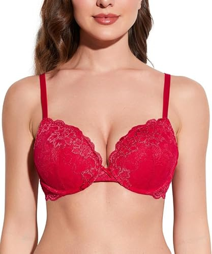 Deyllo Donna Reggiseno Push-up Pizzo Sexy Reggiseno Coppa Imbottito Ferretto Comfort Sollevare Rossetto Rosso 2A