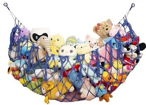Amdermi Kuscheltiernetz Hängematte für flache Wandaufhängung Handgefertigtes Makramee Spielzeug Display Plüschtierhalter Kuscheltieraufbewahrung (Blau)