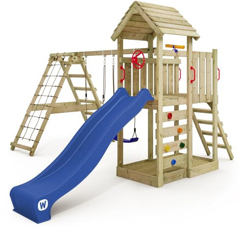 WICKEY Tour de Jeux RocketFlyer avec balançoire & Toboggan Bleu, Tour d'escalade pour Enfants avec bac à Sable, échelle & Accessoires de Jeu pour Le Jardin