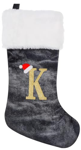 Personalized Xmas Stockings 45cm Large Initial Monogram Embroidered Letter Christmas Stocking Grey Velvet Classic Christmas Stockings Xmas Holiday Decor Tree Decoration for Kids & Adults Gift (K)