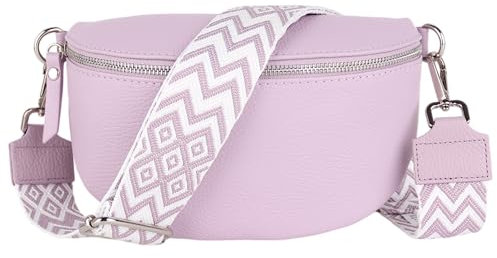 MIRROSI® Bauchtasche Damen, Echtleder, Made in Italy, Umhängetasche, Brusttasche, Crossbody Bag (1 Tasche & 2 Gurte) (Flieder (BOHE Flieder), Große Tasche (28x18x9cm))