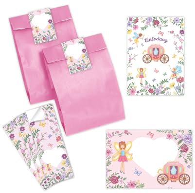 Minkocards 12 Einladungskarten zum Kindergeburtstag Feen Prinzessin Mädchen Einladung Mädchengeburtstag incl. 12 Umschläge, 12 Partytüten/rosa, 12 Aufkleber