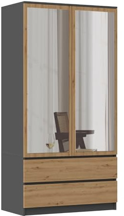 WHATSIZE ENTERPRISE - Modern Double Wardrobe with Drawers - 2 Door Cupboard Contemporary Bedroom Furniture with Mirrors - Anthracite Artisan