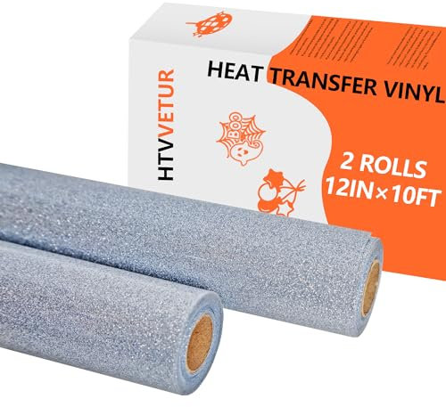 HTVVETUR Silver White HTV Heat Transfer Vinyl - 2 Rolls 12 x 10ft Glitter HTV for Shirts, Iron on Vinyl for Cameo - Easy to Cut & Weed (Silver, 20ft)