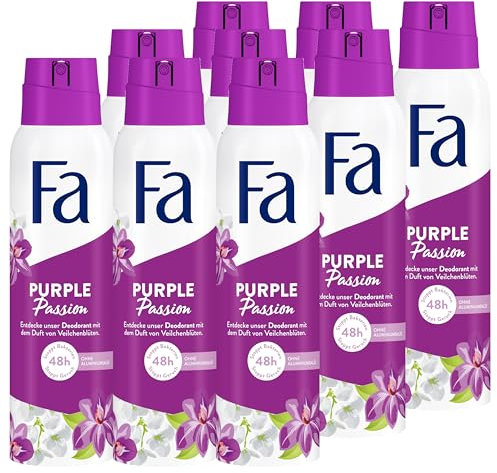 Fa Deospray Purple Passion (9x 150 ml), Deo mit dem erfrischenden Duft von Veilchenblüten, Deo ohne Aluminium für bis zu 48 h Deo-Schutz, hinterlässt keine Rückstände auf der Kleidung
