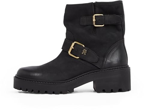 Tommy Hilfiger Donna Stivali Mezza Gamba Biker Double Buckle in Pelle, Nero (Black), 42