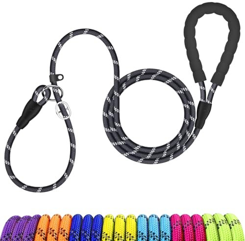 MEKEET Slip Lead for Dogs - 6Ft Reflective Rope Dog Slip Lead with Soft Padded Handle, Black Dog Leads for Medium Dogs Breeds, Slip-On Design with No Collar or Harness Needed