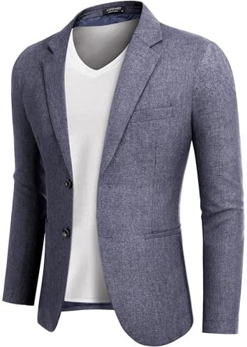 COOFADNY Chaqueta de traje, chaqueta para hombre, deportiva, de negocios, corte regular, monocolor, 2 botones, para el tiempo libre, azul, L