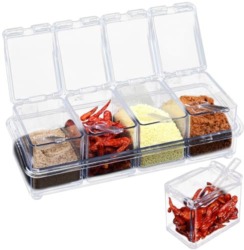 Bakiauli 4 Compartment Seasoning Container, Clear Spice Storage with Cover and Spoon Acrylic Spice Containers for Pick and Mix Stand