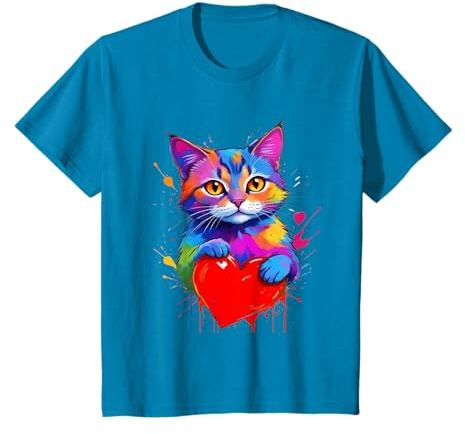 T-Shirt Chat coloré – Chat Arc-en-Ciel cœur Aquarelle Animal de Compagnie T-Shirt