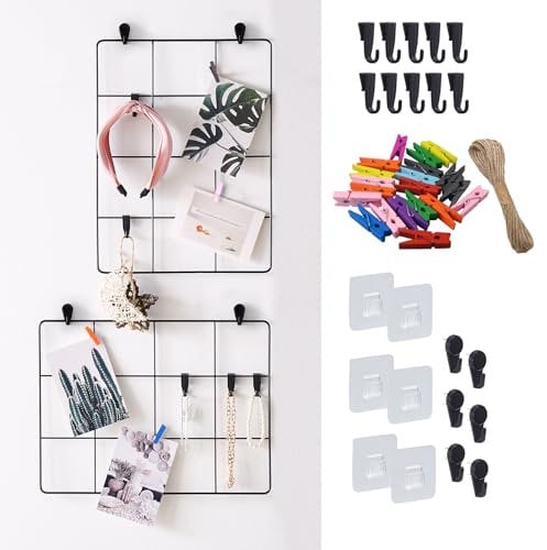 Photo Wall Display Grid Boards - Wire Mesh Panels Hanging Shelves with Hooks, Picture Clips Holders, Rope, Mounting Accessoreis for Office Kitchen Home Decor (Black)