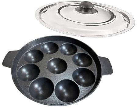 Satre Online and Marketing 9 Cavity Aluminium Appam Pan with Steel Lid, Induction Base Appam Pan, 2 Sided Handel, Appam Patra