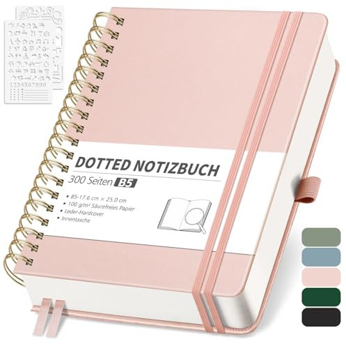 RETTACY Notizbuch B5 Dotted, Bullet Dot Journal mit 100 g/m² Dickem Papier, 150 Blatt, Notebook für Büro und Schule, Lederhülle, Roségold, 17.6 cm x 25 cm