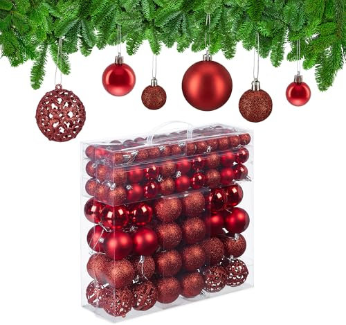 Relaxdays Weihnachtskugeln im 150er Set, glitzernde, matte & glänzende Christbaumkugeln, Kunststoff, ∅ 3, 4 & 6 cm, rot
