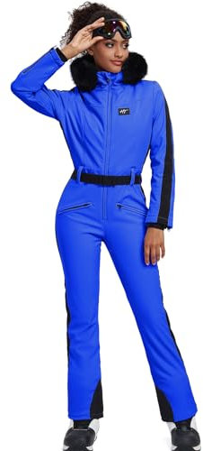 HOTIAN Damen Skianzug Einteiler Skioverall Winter Warme Damen Schneeanzug Wasserdicht Winddicht skibekleidung Schneeoverall Jumpsuit Mit Kapuze Blue M