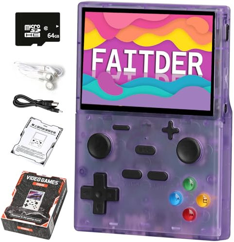 FAITDER-XGB35 3.5-inch Retro Video Game Console with 64GB TF Card, Support for 13,000+ Games, Portable Rechargeable Output TV Open Source (Linux System) Console Emulator Children's Gifts（Purple）
