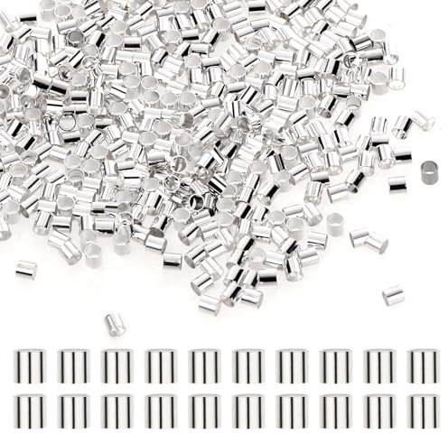 Piriuuo 500 Stück Quetschperlen, 2mm Langes Quetschröhrchen Metall Quetschperlen Mehrzweck Tube Crimp Perlen für DIY Ohrringe, Halsketten, Armbänder, Fußkettchen, Anhänger, Schmuckherstellung (Silber)