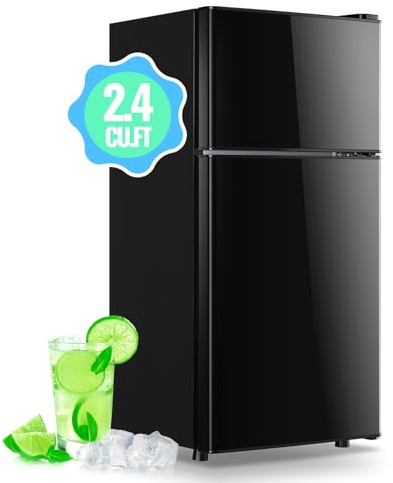 DEMULLER 2.4 Cu.Ft Mini Fridge with Freezer & Double Door Small Tiny Size Refrigerator with 7 Temperature Control Knob Only Suitable for One Person Use Black
