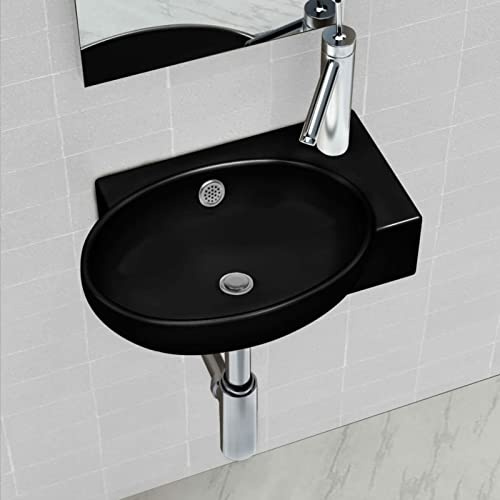 Iiaky Keramik Waschbecken mit Hahn/Überlaufloch Schwarz Rund Waschbecken Bad Aufsatzwaschbecken Rund