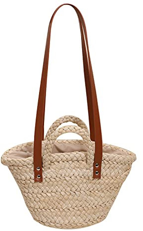 Bolsa de hombro para mujer, tejida a mano, bolsa de playa, bolsa de paja tejida para vacaciones, bolsa de mano a juego, Brown