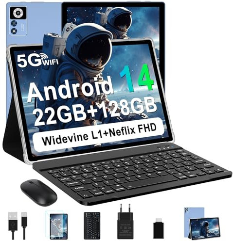ZIOVO Android 14 Tablet 10 Pollici, 22GB RAM+128GB ROM (TF 1TB), 5G WiFi Tablets, Supporto Widevine L1/Octa-Core/8000mAh/Corpo Metallico/8+5MP, 2 in 1 Tablet PC con Tastiera e Mouse- Blu