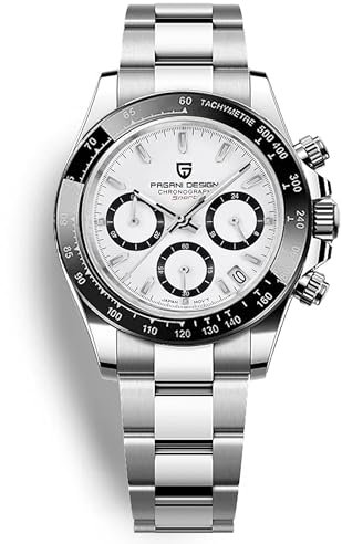 Pagani Design Herren Klassische Chronograph Uhr Japan VK63 Uhrwerk Keramik Lünette Edelstahl Herren Mode Sport Wasserdicht Quarz Uhr 1644, weiß, Armband