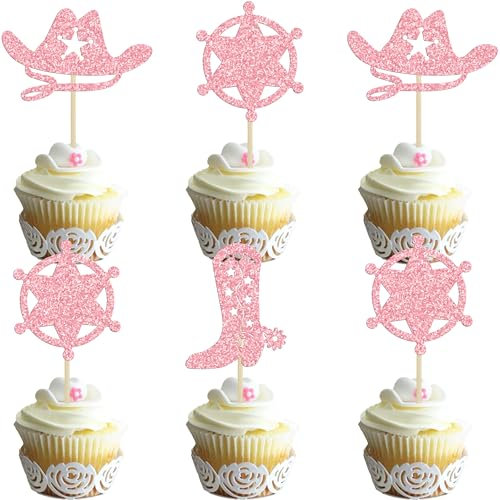 Gyufise 24Pcs Cowboy Cupcake Toppers Hat Boot Cupcake Picks Western Birthday Cowboy Party Decorations for Western Baby Shower Party Cake Decorations Pink