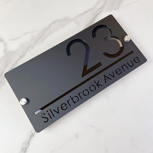 Placa de número de casa al aire libre, Diseño suspendido placa de número de casa personalizada, letrero de nombre de calle 3D cortado con láser acrílico moderno (negro&negro)