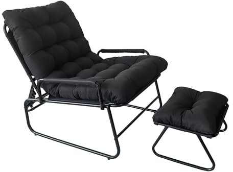 Balkonsessel, Sitzsessel mit Verstellbarer Rückenlehne, loungesessel garten mit Hocker, Relaxliege Wohnzimmer, outdoor lounge sessel, Relax Sesel für Wohnzimmer, Schlafzimmer, Büro (Schwarz)