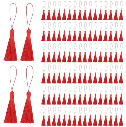 JEYORZY 100 Stück Rot Tassels, Souvenir Quasten, Handgemachte Quasten Anhänger, Kunsthandwerk Quaste, Quaste mit Lanyard, für Lesezeichen, Einladungskarten, Schlüssel, Basteldesign (Rot)