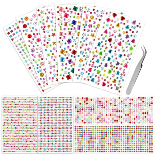 Glitzersteine Selbstklebend, 3700 Stück Bunt Strasssteine Selbstklebend, Acryl Glitzersteine zum Basteln, Verschiedene Formen Glitzer Sticker mit Pinzette für DIY Handwerke Deko