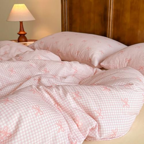 Nyescasa Housse de Couette 220x240 Rose et Blanc à Carreaux Motif Nœud Papillon Rose Parure de lit Adulte 2 Personnes en Microfibre Housse Couette avec Fermeture Éclair et 2 Taies d'oreiller 65x65 cm