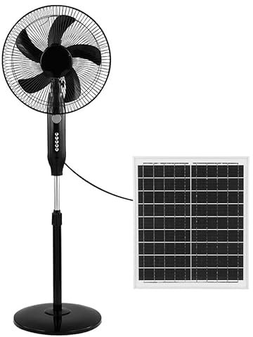 Brightium Ventilador de pie solar 30W, 3 velocidades, 5 aspas, puerto USB, motor DC, luz nocturna, tamaño 43x38cm, cable 4,20m, ideal para refrescar espacios.