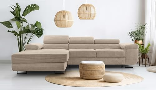 AXLIVING Cord Couch L Form – Arborio 280cm L Ecksofa in Beige mit Schlaffunktion