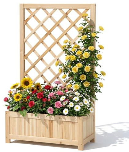 Briful Wooden Planter with Trellis, 40 Outdoor Planter Box for Climbing Plants, Raised Garden Bed with Lattice for Vines Flowers, Natural Wood Garden Planters for Patio Yard Balcony