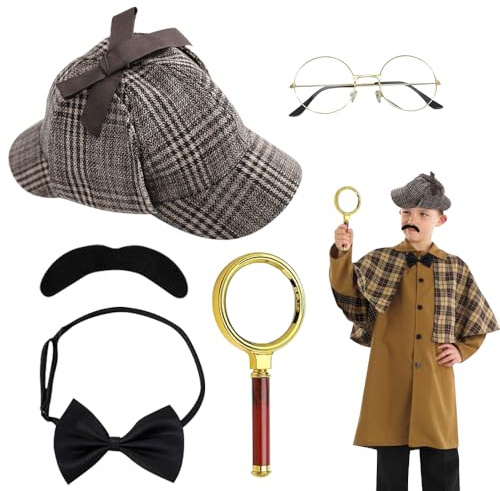 HIULLEN Detektiv Kostüm Zubehör Set, 5 PCS Sherlock Holmes Kostüm Accessoires, Detektiv Zubehör Victorian mit Detektiv Hut Brille Lupe Fliege, Detektiv Cosplay Requisiten für Cosplay KarnevalParty