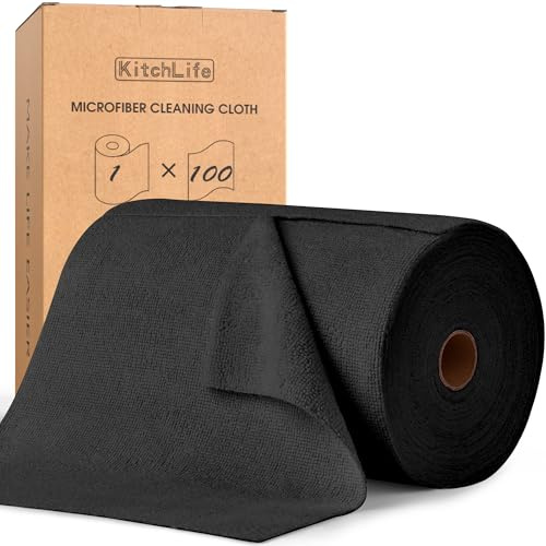 KitchLife Mikrofaser Reinigungstücher, 100 Stück pro Rolle Abreißbare Putztücher, Wiederverwendbare Fusselfreie Lappen für Küche, Haus und Auto, Schwarz