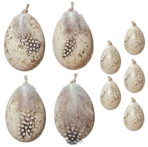 DN DECONATION Osterdeko Eier zum Aufhängen, 9-teiliges Set Wachteleier Deko mit Federn & Juteschnur, Farmhouse Stil Plastik Eier für Osterbaum, Korb & Frühlingsdeko im Haus